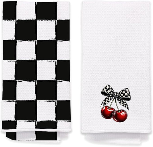 2 Pack Black and White Checkered Hand Towels for Bathroom - Retro Plaid Cherry Decorative Dish Tea Towels for Kitchen Decor, Cherry Gifts for Women, Housewarming Gift Idea