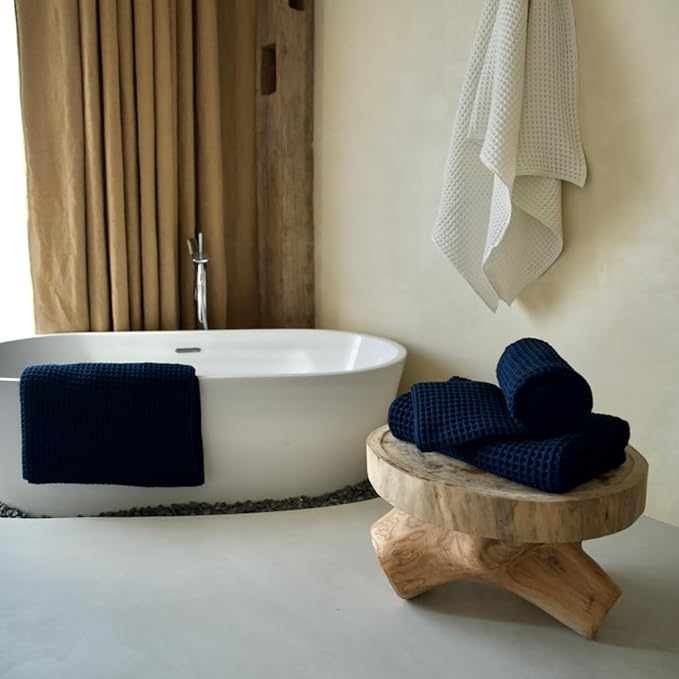 Luxury Organic Japanese Cotton Waffle Bath Towel | Thick, Absorbent, Quick Dry Bathroom Towels for Shower, Sauna, Onsen| Hotel & Spa Quality, Gift-Ready (Ocean Blue, Face Towel, 16" x 16")