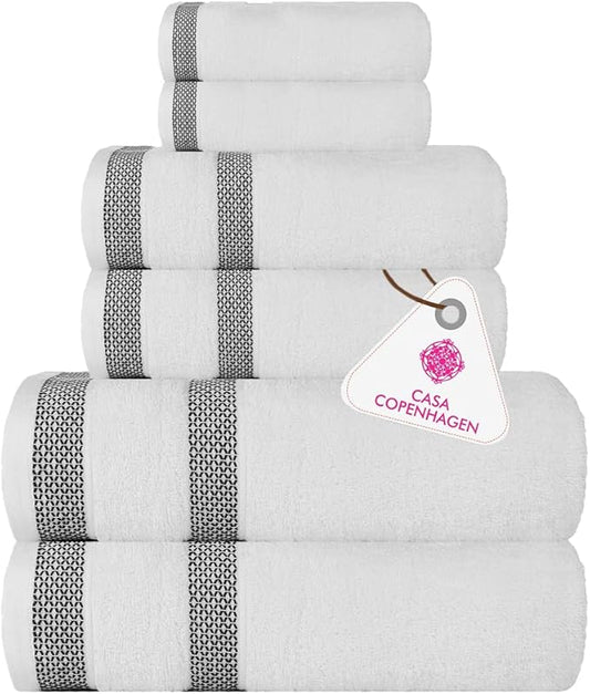 CASA COPENHAGEN Solitaire 6 Pieces Towel Set- White, 600 GSM 2 Bath Towel 2 Hand Towel 2 Washcloth, Designed in Denmark Made of Soft Egyptian Cotton for Bathroom, Kitchen & Shower
