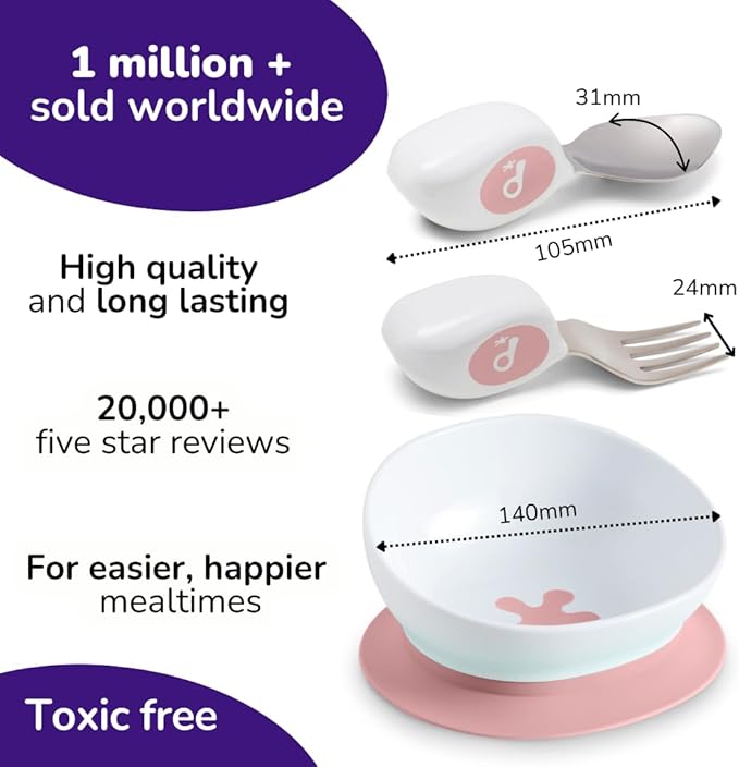 doddl Toddler Utensils, Ergonomic Fork and Spoon Set for Self Feeding, Stainless Steel Silverware for 1-3 Year Olds, BPA Free, Dishwasher Safe (Dusky Rose + Bowl)