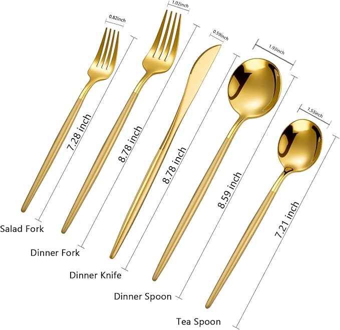 Modern Gold silverware Set,Premium 18/10 Stainless Steel,Heavy duty,Sturdy,Sharp Practical steak knives,Matte gold Handle,Mirror Polished Finish,Kitchen Essential, (golden)