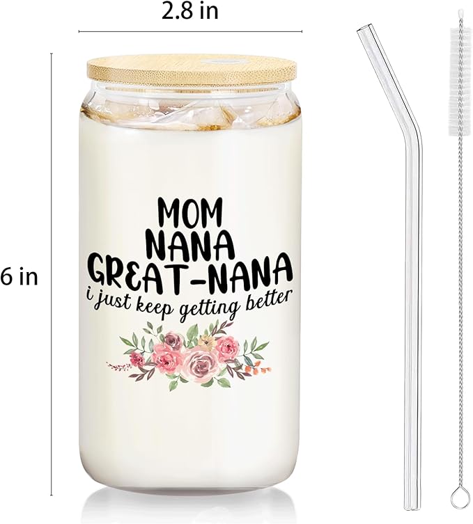 Christmas Grandmother Gifts For Mom Nana Great Nana Glass Coffee Cup With Lid And Straws 14oz - christmas Glass Cup gifts For Grandma