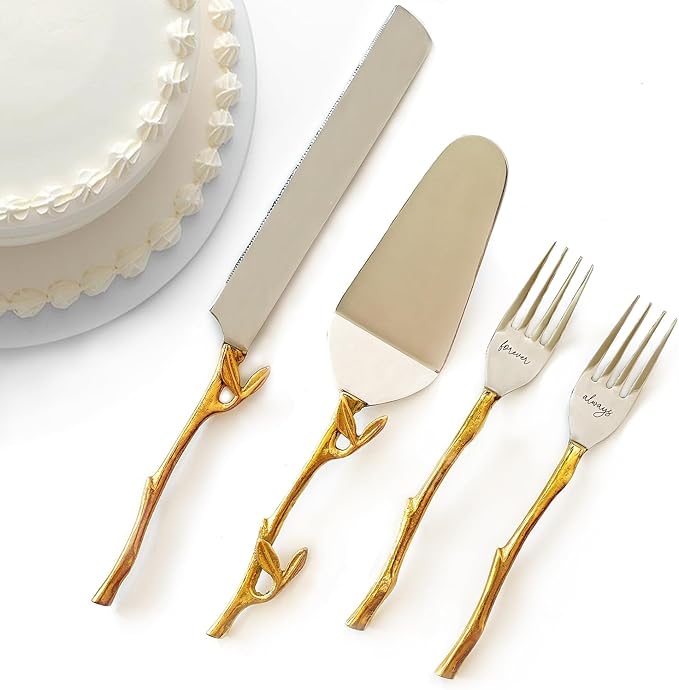 Wedding Cake Knife and Server Set with Gold Branch and Leaf Handles - 4-Piece Cake Cutting Set for Weddings with Engraved Forks - Rustic Gold Cake Cutter & Serving Gift Box