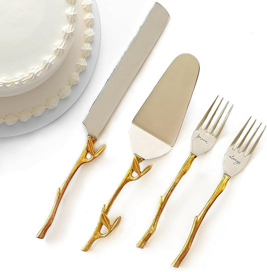 Wedding Cake Knife and Server Set with Gold Branch and Leaf Handles - 4-Piece Cake Cutting Set for Weddings with Engraved Forks - Rustic Gold Cake Cutter & Serving Gift Box