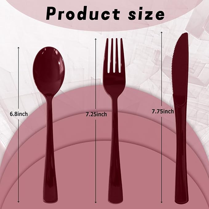 150 Pack Disposable Plastic Silverware, Heavy Duty Burgundy Plastic Cutlery Set Includes 50 Forks 50 Knives 50 Spoons for Birthday Wedding Party Picnics (150, Burgundy)