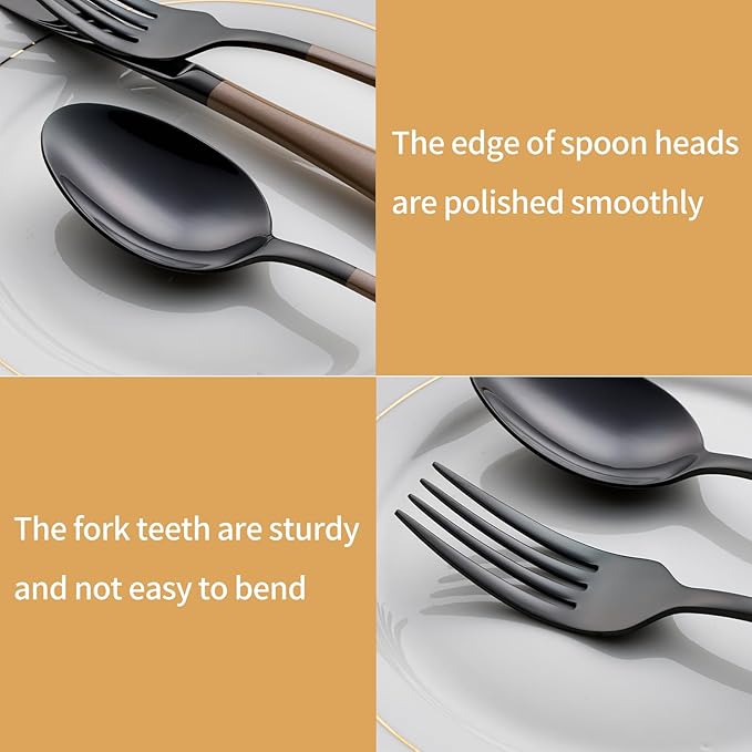 20-Piece Black Silverware Set 18/0 Stainless Steel Silverware Set Brown Handle Cutlery Set Service for 4 Dinner Knives Forks Spoons Set Flatware Set Finish Dishwasher Safe