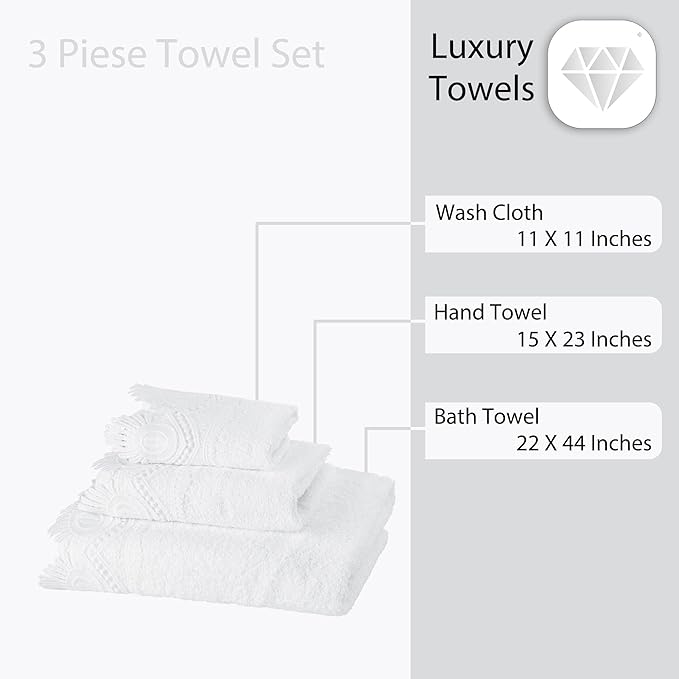 3 Piece Laced Bath Towels Set for Bathroom, Bath, Hand & Wash Cloths, Decorative Stylish Plush Cotton Washcloths - Showering, Face & Body Washing, Airbnb Essentials & Host Accessories, White