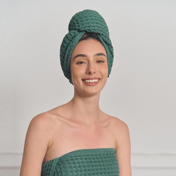 100% Organic Cotton Hair Drying Waffle Towel Wrap for Women | Absorbent & Quick Dry Head Turban for Wet Hair in Shower Sauna Spa, Extra Large for Long Straight Curly Plopping Button (Green, 2 PACK)