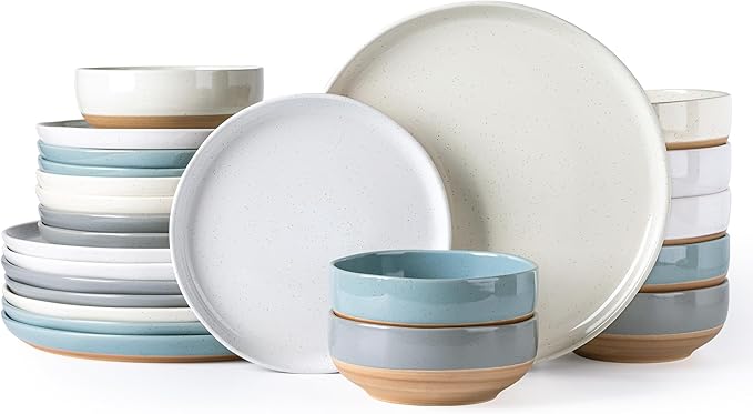 AmorArc Ceramic Dinnerware Sets for 8, 24 Pieces Handpainted Plates and Bowls Set with Rustic Terracotta Underside, Scratch Resistant Stoneware Dishes Set, Dishwasher & Microwave Safe, Multi-Color