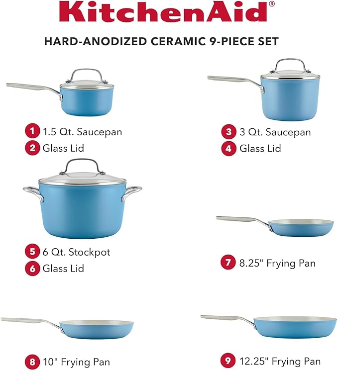 KitchenAid Hard Anodized Ceramic Nonstick Cookware Pots and Pans Set, 9 Piece - Blue Velvet