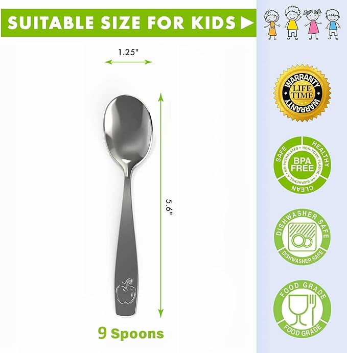 9 Piece Stainless Steel Kids Spoons - Child and Toddler Safe Flatware - Kids Utensil Set - Metal Kid Cutlery Set, Dinner Spoon Set for Dessert - Includes a Total of 9 Small Spoons