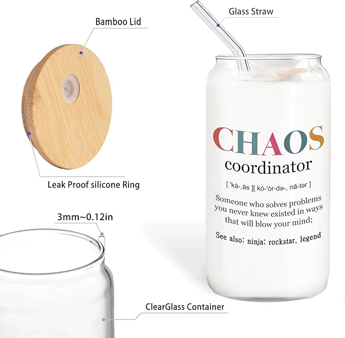 Chaos Coordinator Gifts Glass Cup Lids and Straws 14oz, Appreciation Gifts for Boss Leader Manager Coworker Nurse Mentor, Glass Iced Coffee Tumbler Drinking Jars with Cleaning Brush