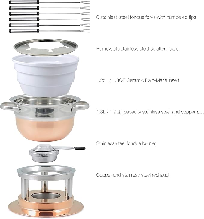 Swissmar Lausanne 11-Piece Copper Plated Fondue Set - Ideal for Cheese & Chocolate Fondue, Oil & Broth Cooking - Perfect for Kitchen Collection & Wedding Gifts - 1.8 Liter / 1.9 Quarts