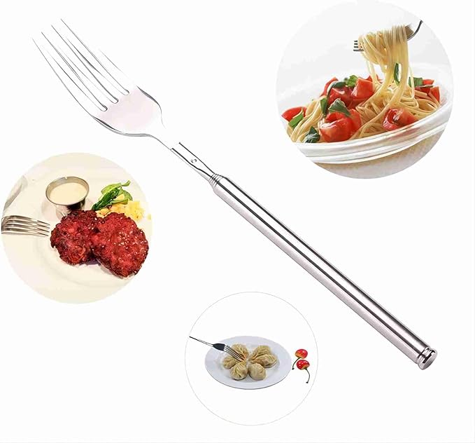 Extendable Fork Long Telescopic Fork with Extendable Handle Stainless Steel Dinner Forks, Extending for BBQ Tableware Supplies, Extends 25.4 inch (1 PCS)