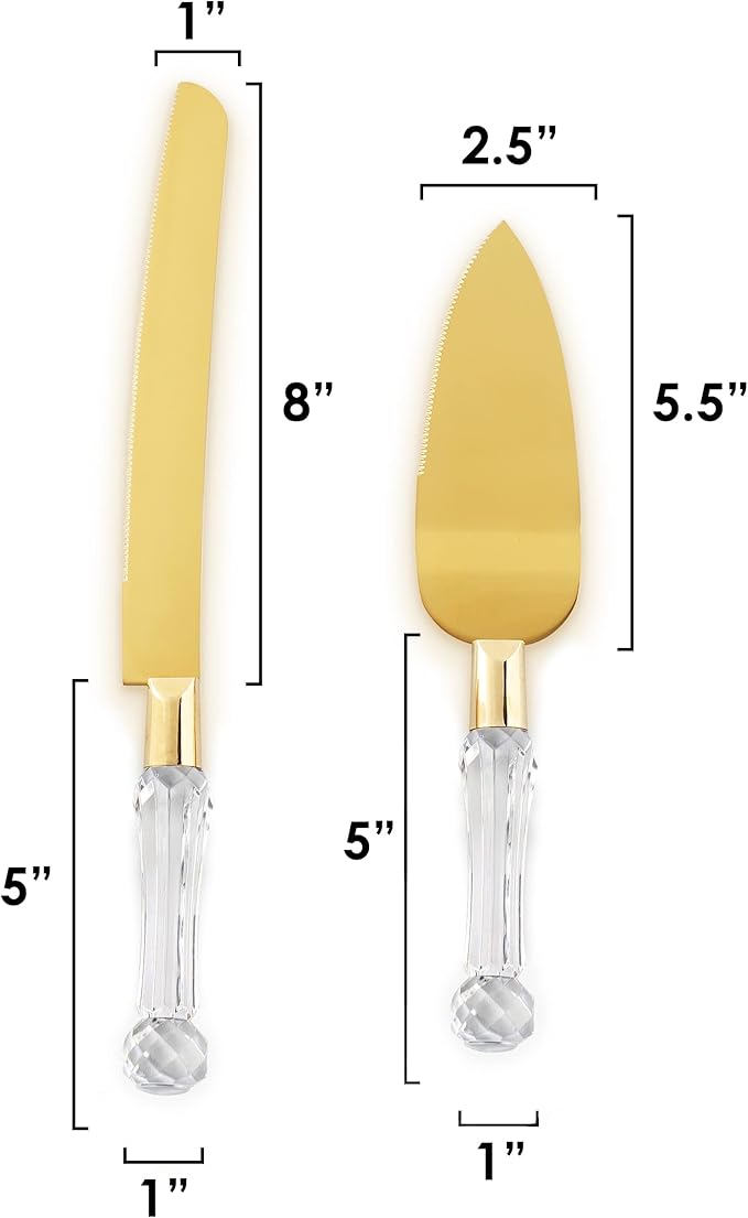 wedding knife and server set gold, Gold Cake Cutter and Pie Spatula, Cake Server and Knife Set of 2 with Crystal Handles, 1.2mm Thick Blades,Cake Cutting Set for Wedding Cake, Birthdays, and Parties
