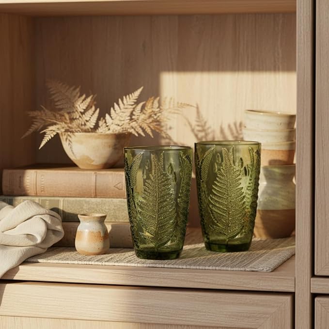 Green Drinking Glasses Set of 4, 12 oz Handcrafted Vintage Drinking Glasses, Fern Embossed Antique Glassware, Boho Aesthetic Textured Glass Cups, Colored Highball Tumblers, Retro Drinkware Gift Set
