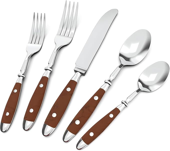 Silverware Set For 8 with Two Rivets, Vintage 40-Piece Everyday Flatware Set with Wood Grain Bakelite Handle, Stainless Steel Cutlery Set, Dishwasher Safe, Knives Spoons and Forks Set