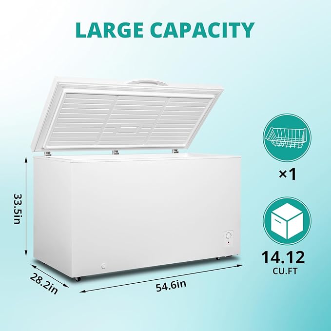 Deep Chest Freezer 14 Cubic Feet, Freezer Chest Garage Ready, 4 Wheels Large Storage Chest Freezer with 1 Basket, Low Noise, Energy Saving, Thermostat Control for Home, Office, Kitchen, White