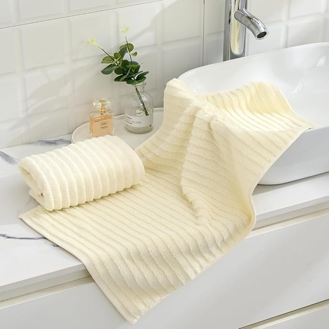 sense gnosis Beige Hand Towel Set of 2 Ladder Striped Design Soft Quick Dry Absorbent 100% Cotton Hand Towel for Bathroom Decorative 13 x 29 Inch
