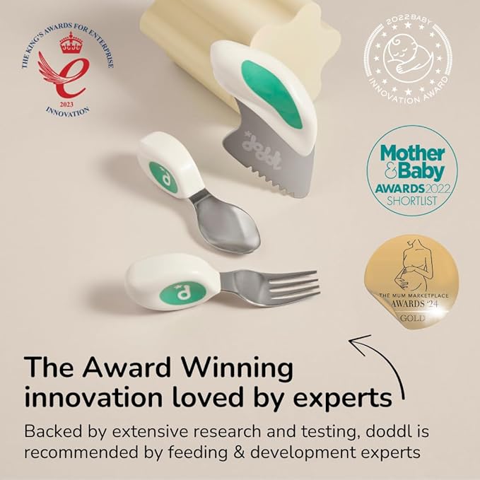 doddl Toddler Utensils, Ergonomic Fork Spoon and Knife Set for Self Feeding, Stainless Steel Silverware for 1-3 Year Olds, BPA Free, Dishwasher Safe (Aqua)