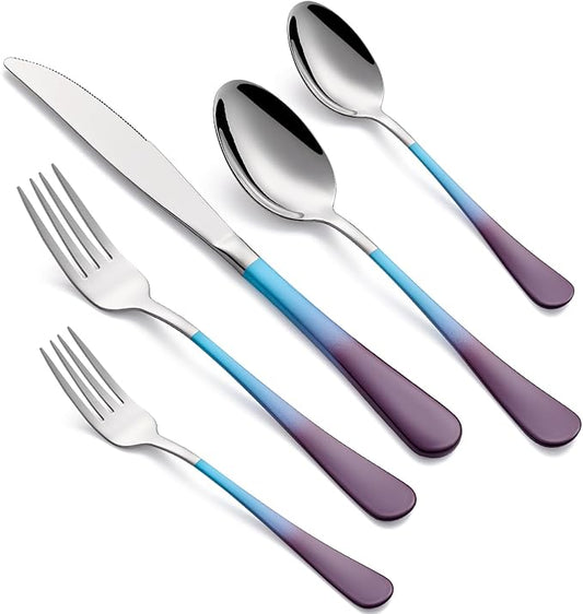 20-Piece Blue and Purple Silverware Set for 4, 18/0 Stainless Steel Flatware Cutlery Utensils Set, Includes Dinner Knives, Forks, Spoons, Salad Forks, Teaspoons, Dishwasher Safe