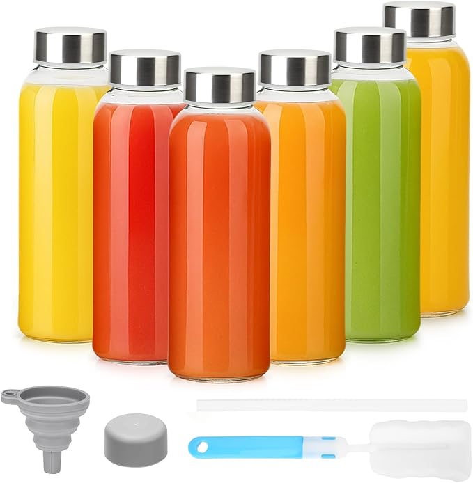 10 oz Clear Glass Bottle with Lid, Reusable Glass Water Bottles with Stainless Steel Cap & Straws for Juicing, Milk, Ginger & Smoothies, Refrigerator, Leak-Proof, Juice Containers Set of 6