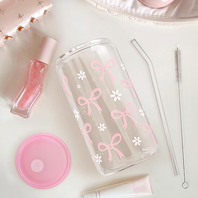 SANDJEST Bow Glass Can, Bows Cup with Lid & Straw, Iced Coffee Aesthetic Cups, Idea Gift for Christmas Birthday Mother Day, Gifts for Women, 16oz