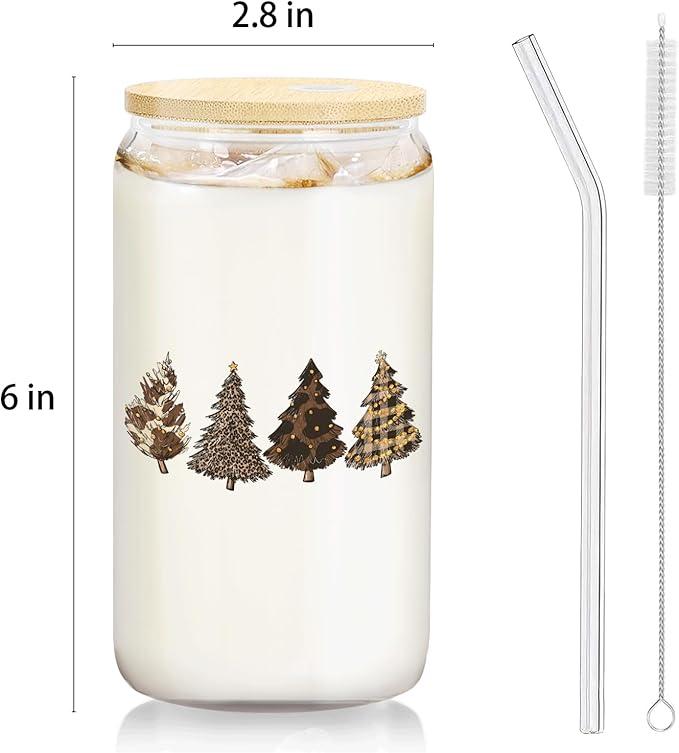 leopard Christmas Tree gifts Glass Coffee Cup With Lid And Straws 14oz - Merry Christmas Drinking Jar Gift For Women Kids Men,Glass Cup For leopard Xmas Decor