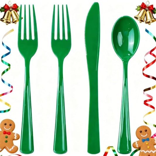 WDF 160 Pcs Green Plastic Silverware - Heavy Duty Christmas Silverware Includes 80Forks, 40Spoons, 40Knives, Green Plastic Utensils Perfect for Christmas Party or Daily Using