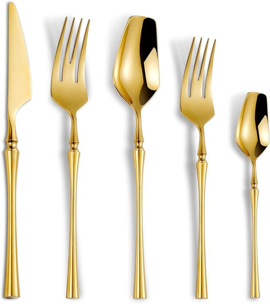 Lemeya 20-Piece Gold Silverware Set for 4,Modern 18/10 Stainless Steel Flatware Set,Unique Rustic Cutlery Utensils Set,Spoon and Fork Set for Home, Restaurant,Wedding,Mirror Polished,Dishwasher Safe