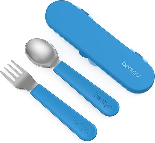 Bentgo® Kids Stainless Steel Utensil Set - Reusable Fork, Spoon & Storage Case - High-Grade BPA-Free Stainless Steel, Easy-Grip Handles, Dishwasher Safe for School Lunch, Travel & Outdoors (Blue)