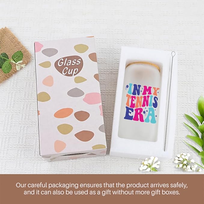 Tennis Gifts for Women, Iced Coffee Cup, Tennis Party Decorations, 16 oz Coffee Glass Cups with Lids Straws, Tennis Accessories, Tennis Stuff, Christmas Gifts for Women Coach Tennis Lovers Teams