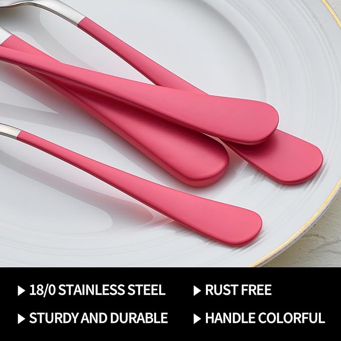 20-Pieces Pink Silverware Sets for 4,Pink Handle Stainless Steel Cutlery Set, Include Forks Spoons and Knives Set, Dishwasher Safe Utensil Sets for Home Restaurant