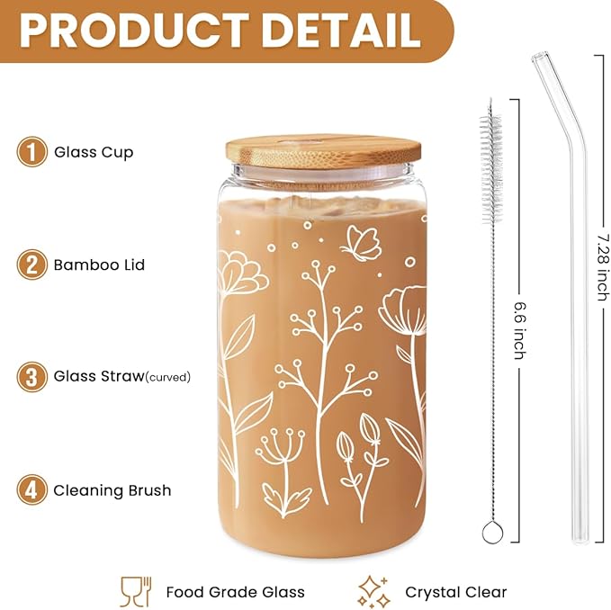 SANDJEST Floral Cup 16 Oz Can Glass with Bamboo Lid and Straw - Flower Glass Cup Gifts for Women - Wildflower Drinking Coffee Gifts