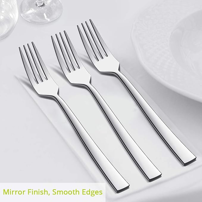 Dinner Forks Set of 6, E-far 7.9 Inch Stainless Steel Forks for Home, Kitchen or Restaurant, Non-toxic & Mirror Polished, Squared Edge & Dishwasher Safe