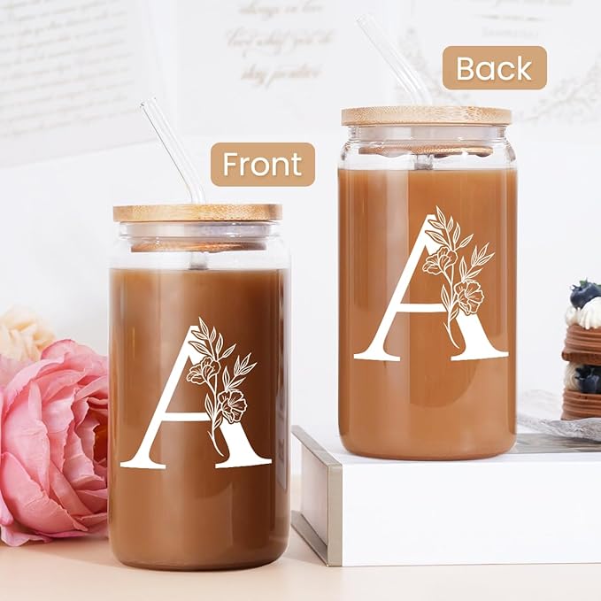 SANDJEST Monogrammed Gifts for Women - Monogram A Initial Glass Cup 16 Oz Can Coffee Cups with Lid and Straw - Monogram Initials Gifts for Womens on Birthday