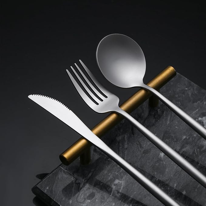 24 Pieces Silverware Set with Steak Knife, Stainless Steel Silver Flatware Set for 4, Satin Finish Spoons and Forks Silverware Set, Cutlery Utensils Set, Dishwasher Safe