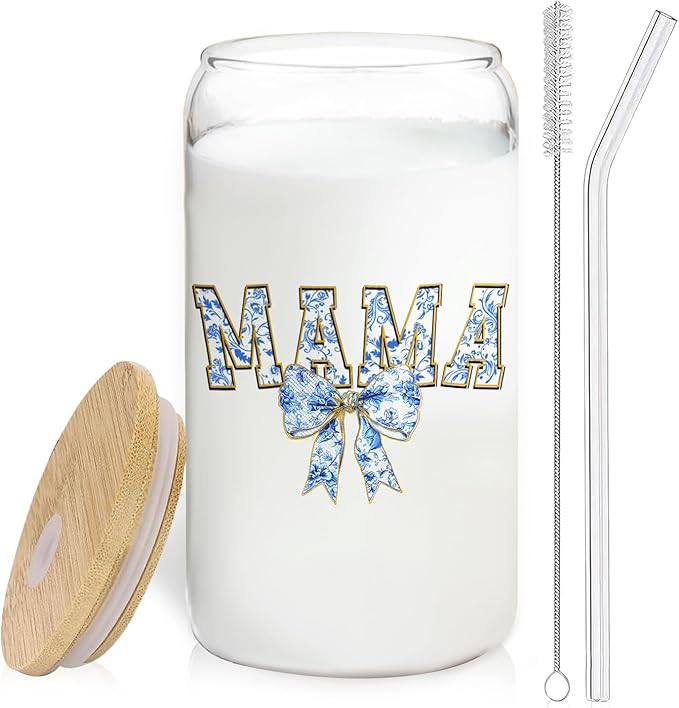 Blue Bow Mama Glass Cup with Lids and Straws 14oz, Best Mother's Day Birthday Gifts for Mama Mom Gifts from Daughters Sons Glass Iced Coffee Tumbler Drinking Jars with Cleaning Brush