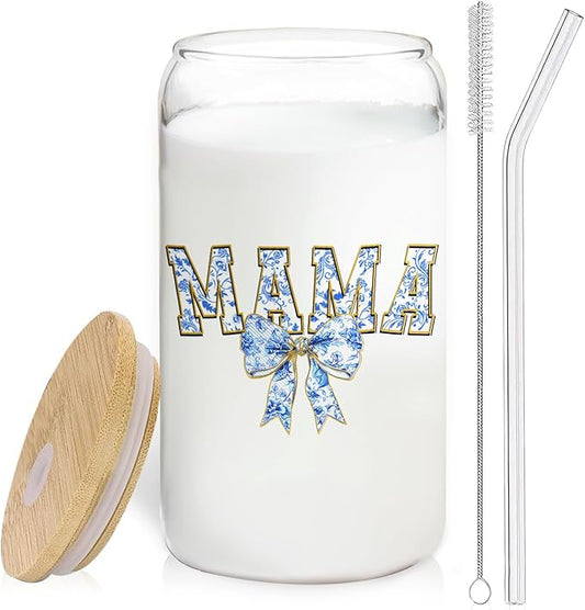 Blue Bow Mama Glass Cup with Lids and Straws 14oz, Best Mother's Day Birthday Gifts for Mama Mom Gifts from Daughters Sons Glass Iced Coffee Tumbler Drinking Jars with Cleaning Brush