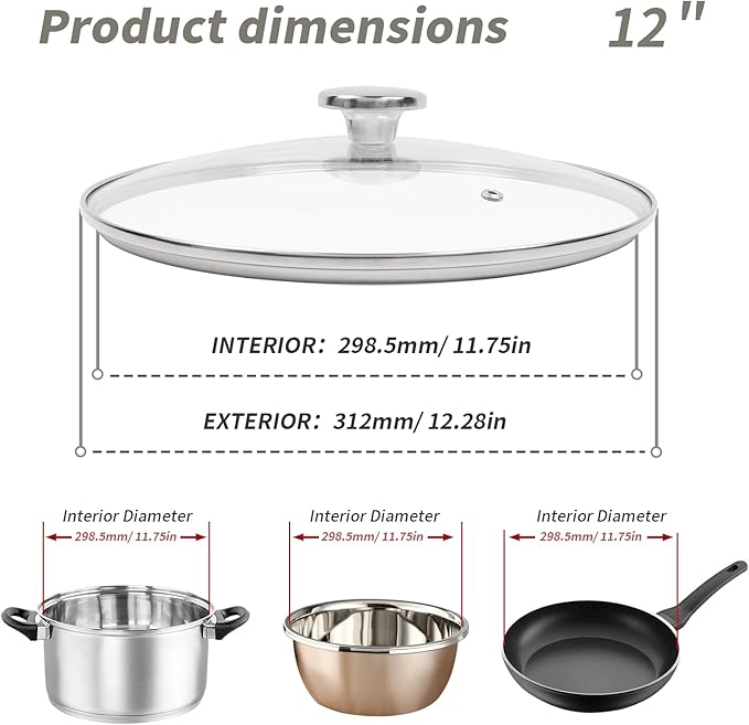 12" Tempered Glass Pan Lid with Steam Vent, Thickened to 4mm and Dishwasher Safe and Oven up to 480℉, Universal Lid Fit for Cast Iron Skillets, Frying Saute Pan, Cooking Pot