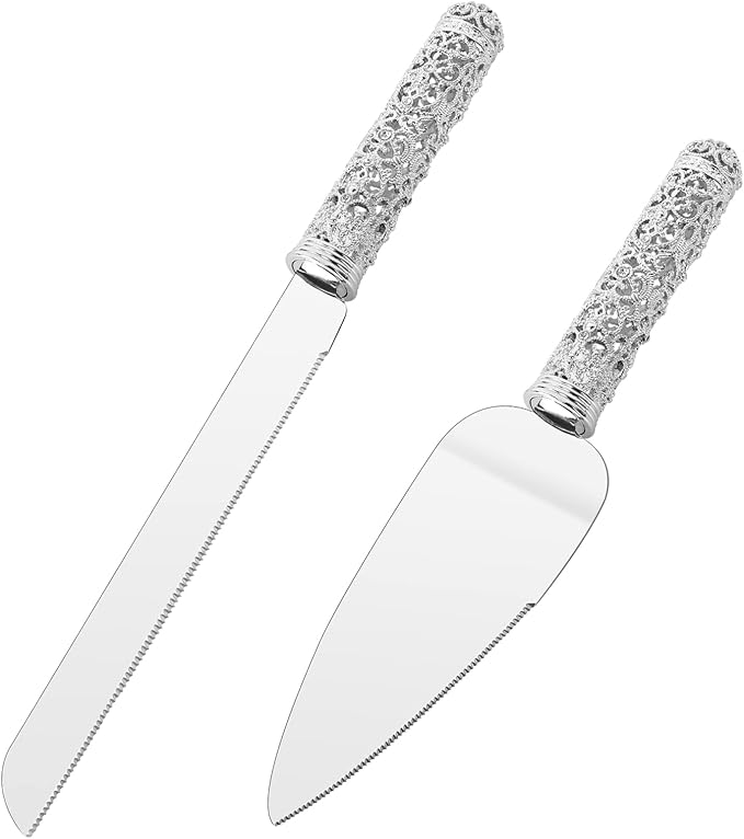 Wedding Silver Cake Knife and Server Set - 2 Pcs Dessert Set Metal Handle with Crystal Stones Decoration for Wedding, Anniversary Party Birthday Banquets,Gifts for Bride and Groom