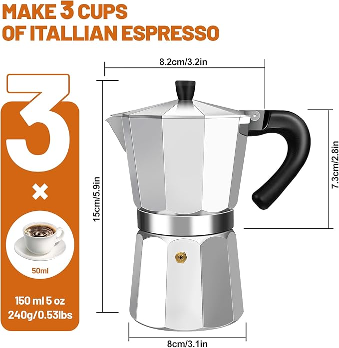 3 Cup Aluminum Espresso Stovetop Moka Pot Express Coffee Maker Percolator Italian Classic Mocha Coffee Machine for Italian and Cuban Cafe Brewing for Home & Camping 150ml 5oz