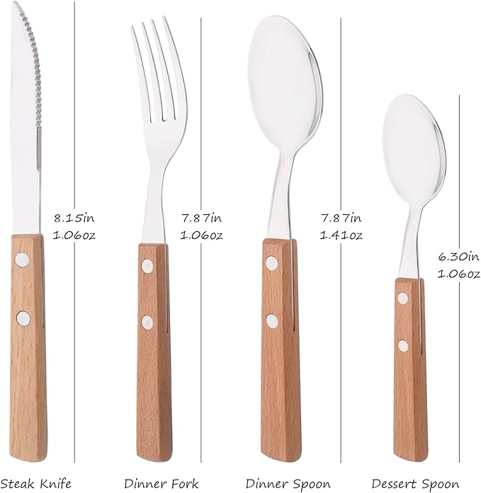 Silver Flatware Set with Natural Wood Handle, 24 PCS Silverware Set for 6, Premium 18/8 (304) Stainless Steel Cutlery Set, Forks Spoons and Knives Set for Home/Camping/Travel, Mirror Finish