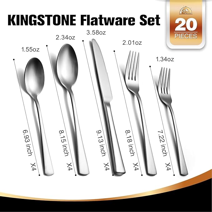 KINGSTONE Forged Silverware Set, 20 Piece Flatware Set for 4, 18/10 Stainless Steel Silverware Matte Satin Finish Dishwasher Safe