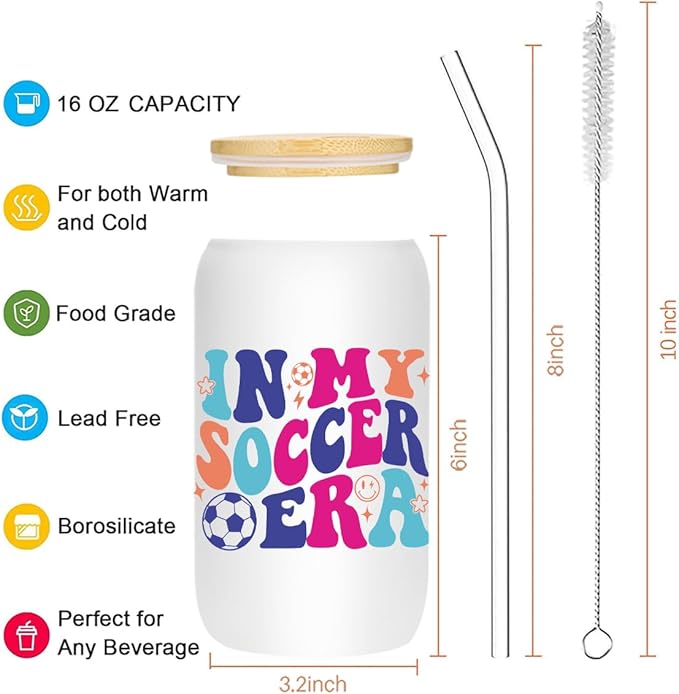 Soccer Gifts for Girls, Iced Coffee Cup, 16 oz Glass Cups with Lids Straws, Soccer Accessories, Birthday Christmas Gifts for Women Mom Coach Players Teams, Party Favors