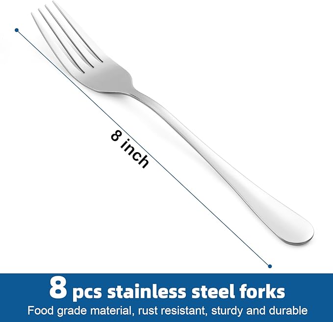 8 Piece Dinner Forks Set, Food-Grade Stainless Steel Forks Silverware, Cutlery Forks, Dessert Forks, Metal Forks for Home, Kitchen or Restaurant, Mirror Polished, Dishwasher Safe - 8 Inch