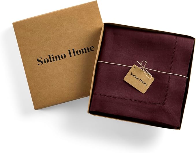 Solino Home Linen Burgundy Tablecloth 60 x 90 Inch - Classic Hemstitch, 100% Pure Linen Rectangular Tablecloth - Machine Washable Table Cloth for Valentines, Holiday, Winter, New Year