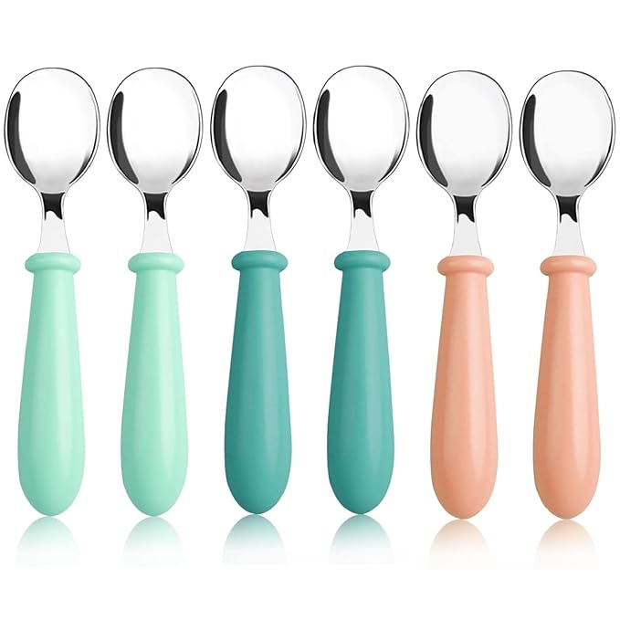 Pimoys 6 Pieces Stainless Steel Toddler Spoons, Kids Spoons with Round Handle, Toddler Utensils Children's Silverware Set, BPA Free, Dishwasher Safe