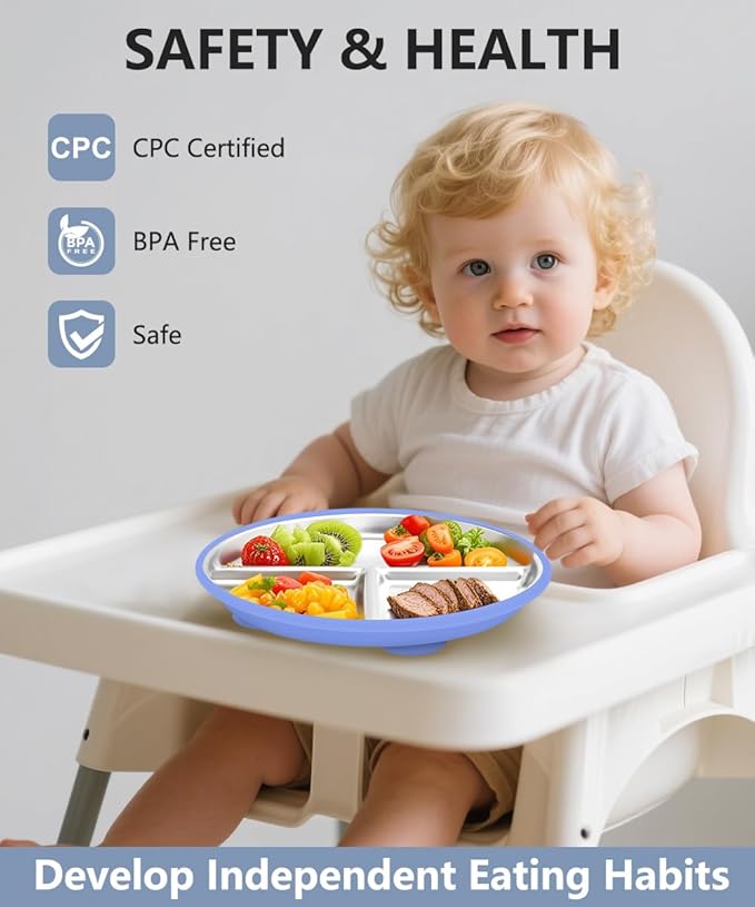 Stainless Steel Baby Plates With Suction,9” Divided Plate Silicone Sleeve For Kids ,Metal Toddler Plates BPA Free Stainless Steel Toddler Plate Unbreakable Dishwasher Safe Set Of 2 Blue and Gray
