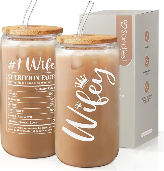 SANDJEST Wife Glass Can, Wifey Cup with Lid & Straw, Iced Coffee Aesthetic Cups, Idea Gift for Christmas Marriage Birthday Anniversary Valentine, Gifts for Women, 16oz